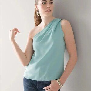 2/$30 White House Black Market Sleeveless One-Shoulder Draped Top Aquifer #A0039